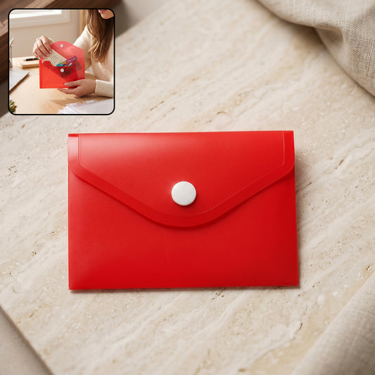 A red plastic document folder envelope with a white button closure lies on a light marble surface, with an inset showing a