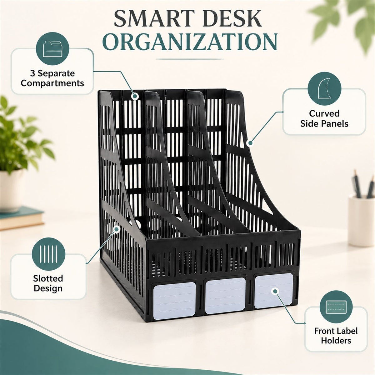 3 compartment plastic desk document stand file organizer