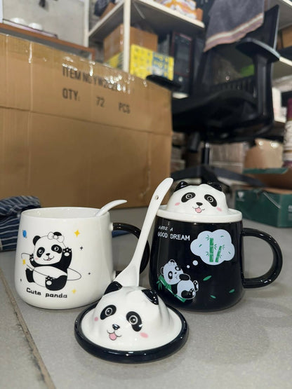 Pack of 1 Cute Panda Ceramic Mug with Lid & Spoon | Cartoon Panda Coffee & Milk Cup for Kids & Adults | Premium Quality Cartoon Mug for Home, Office, Gifting & Daily Use | Heat-Resistant, Easy-Grip Handle (Cute Panda Design)