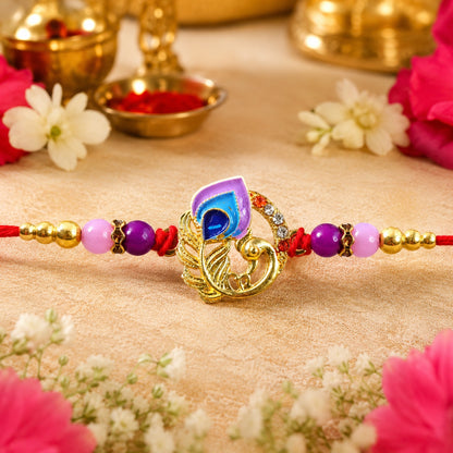 Curved Peacock Purple Blue Designer Rakhi display on white background