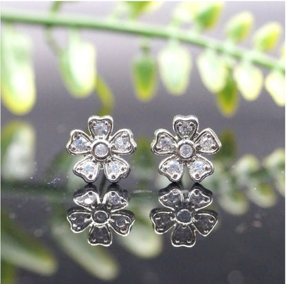 Sterling Silver AD Flower Stud Earrings - Dainty Floral Blossom Jewelry for women and girls