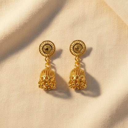 Traditional gold plated jhumka earrings from side angle