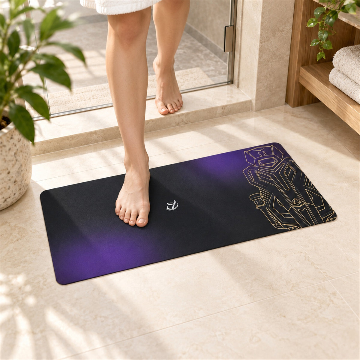 Purple Black Gradient Bath Runner, Gold Line Art Anti-Slip Mat (1 Pc, 70x30 Cm)