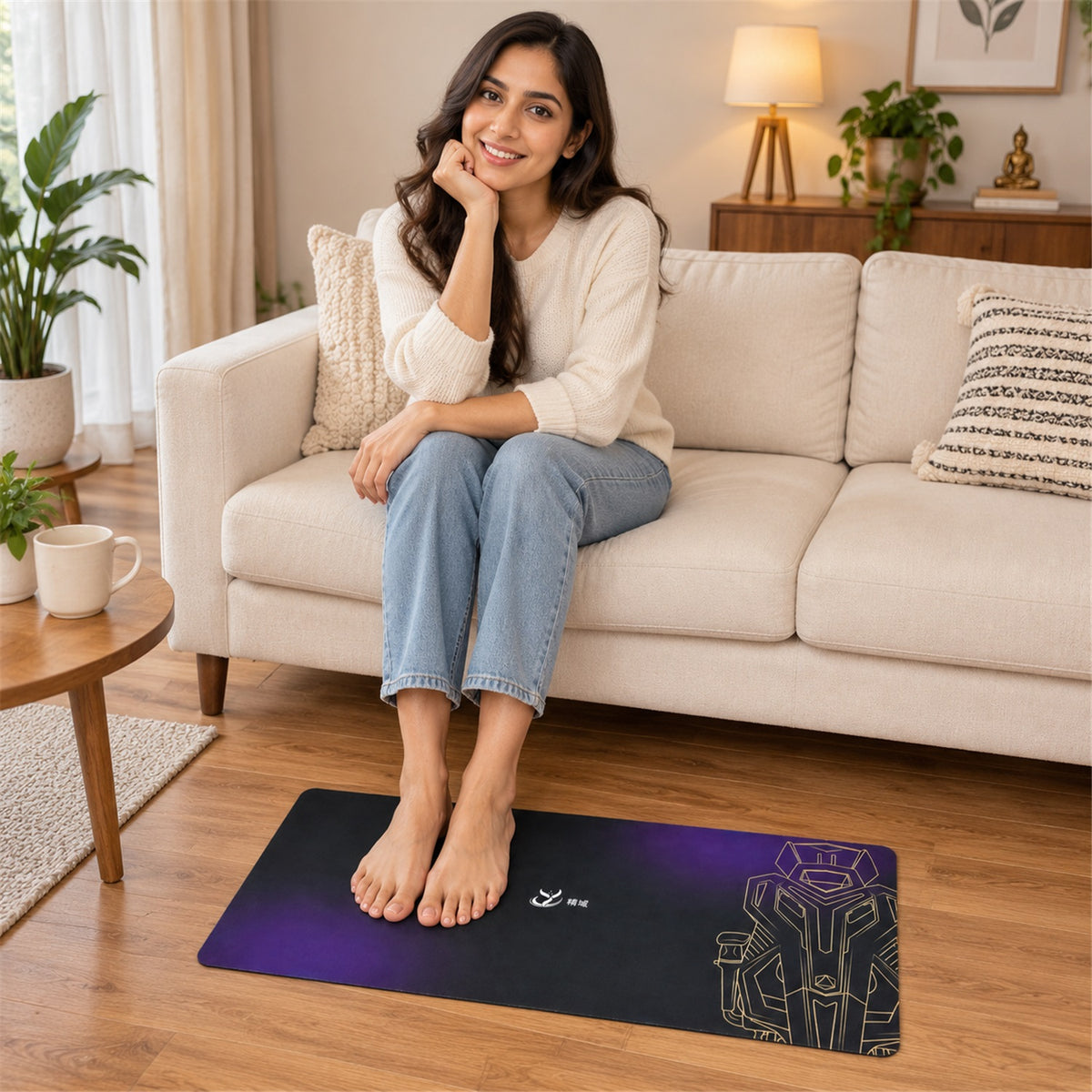 Purple Black Gradient Bath Runner, Gold Line Art Anti-Slip Mat (1 Pc, 70x30 Cm)