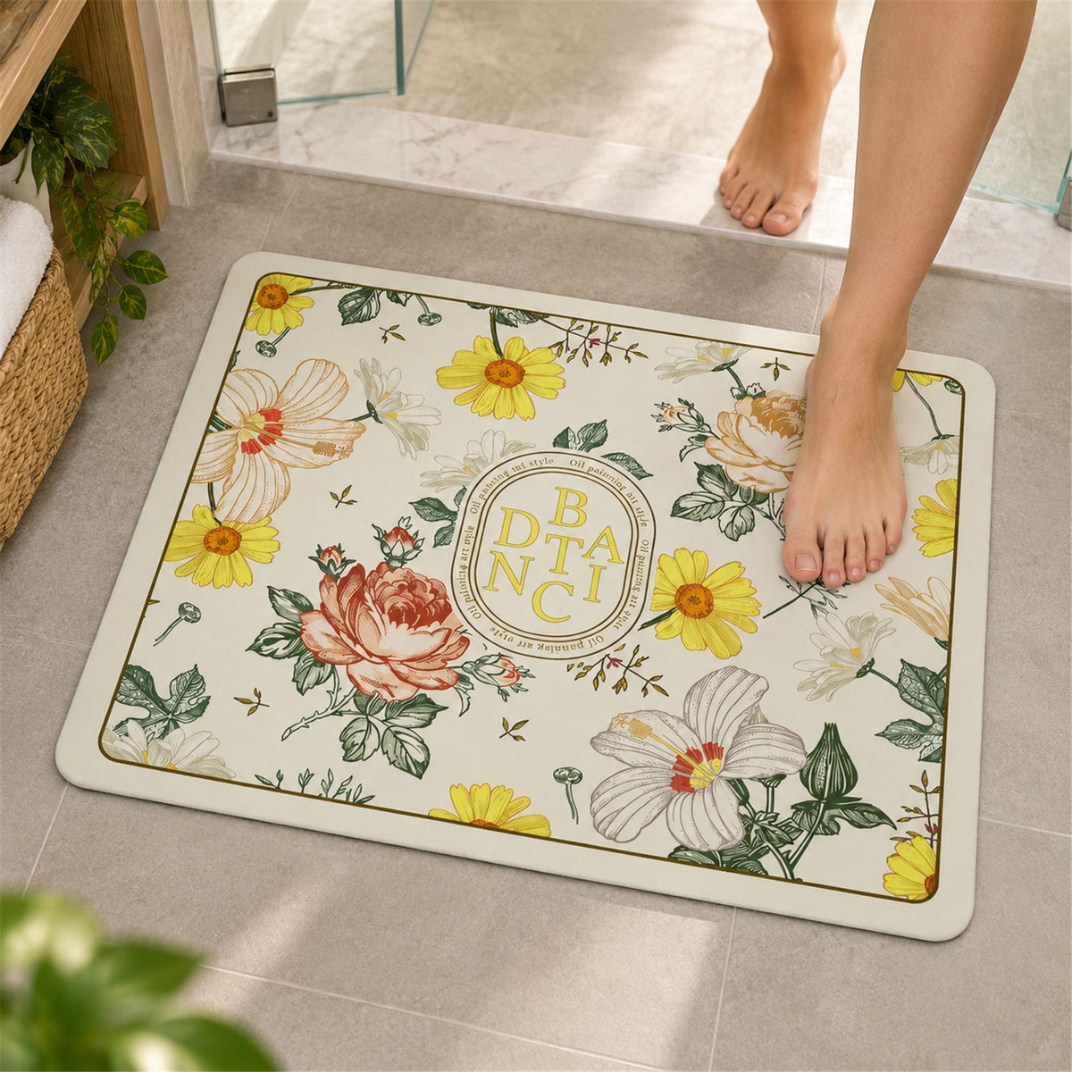 Absorbent Bathroom Mat, Floral Print Quick Dry Bath Mat (1 Pc, 50x40 Cm)