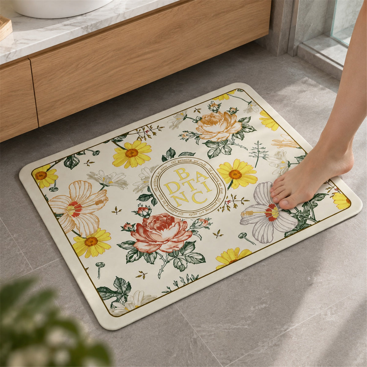 Absorbent Bathroom Mat, Floral Print Quick Dry Bath Mat (1 Pc, 50x40 Cm)