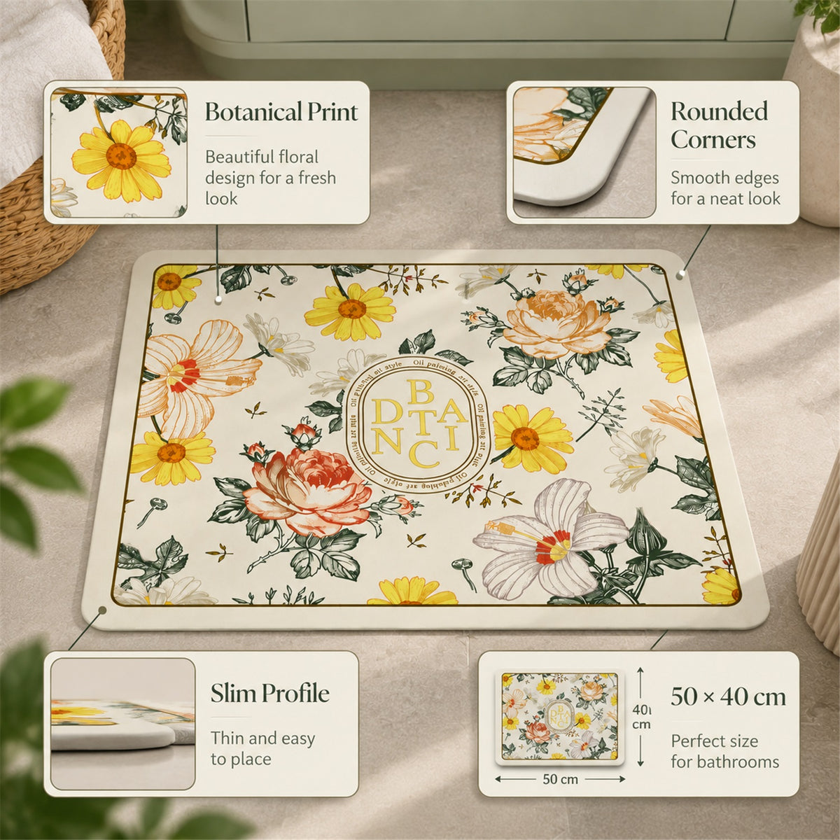 Absorbent Bathroom Mat, Floral Print Quick Dry Bath Mat (1 Pc, 50x40 Cm)