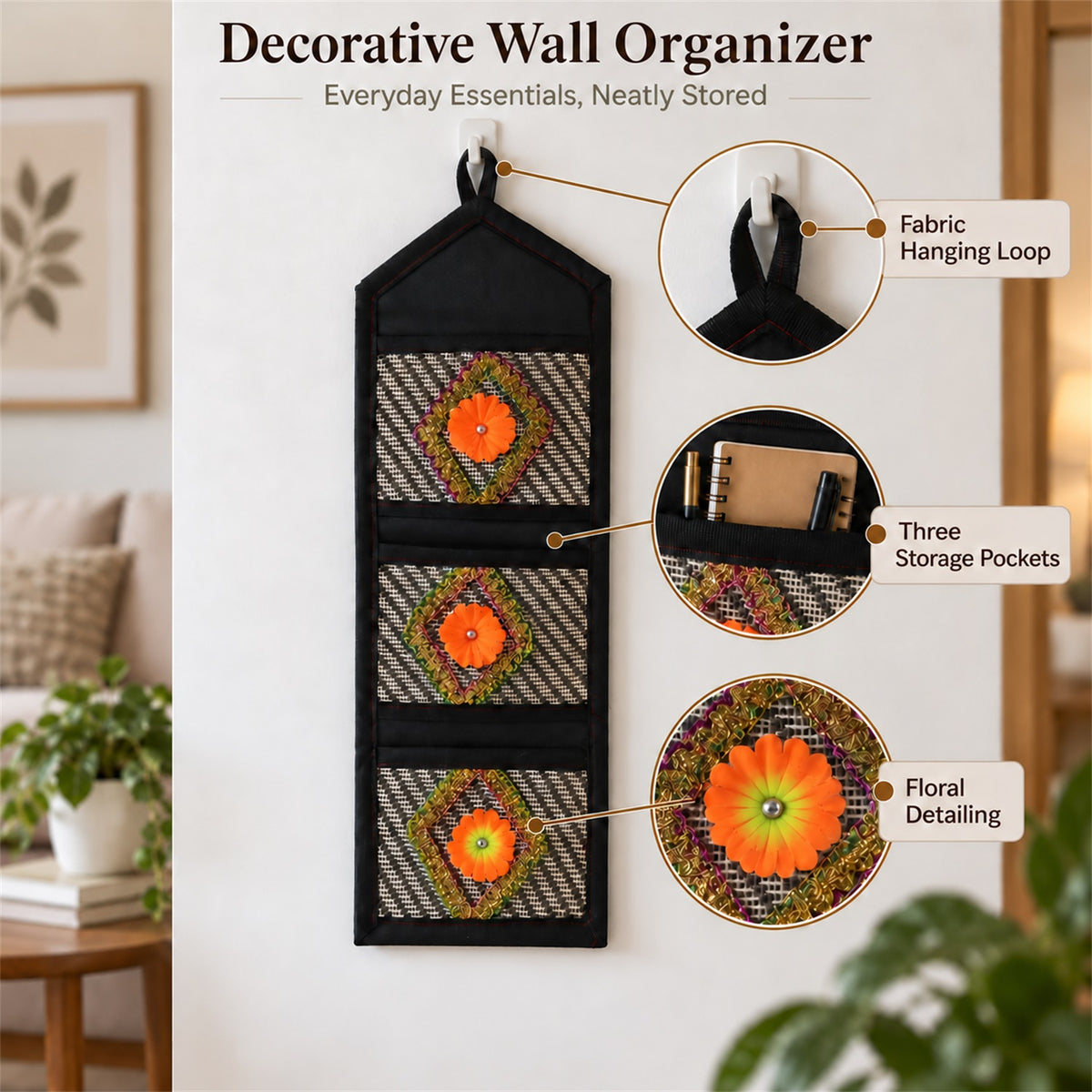 Foldable Hanging Organizer – 3 Pocket Wall Holder | Indo Glow