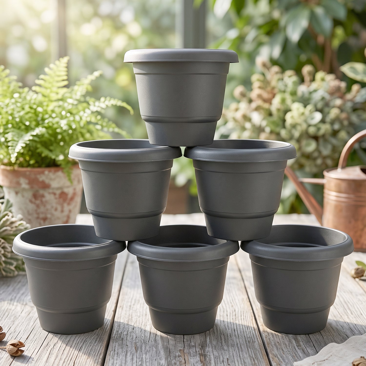 Plastic Round Flower Pot Planter Set, Durable Gardening Pots with Rim (6 Pcs Set)