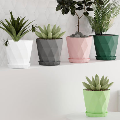 Diamond Design Plastic Flower Pot Set with Drain Tray (5 Pc)