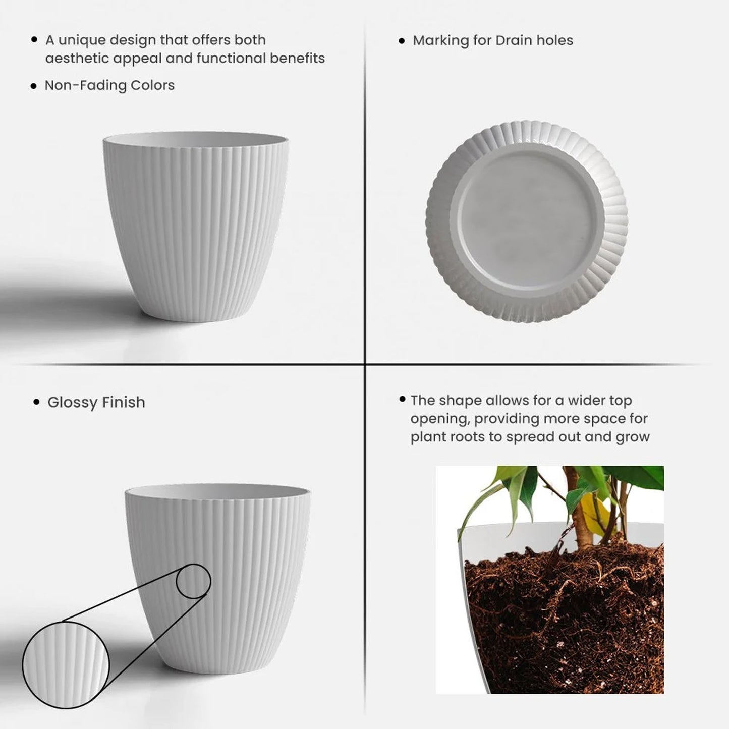 Premium White Ribbed Decorative Flower Pot (1 Pc)