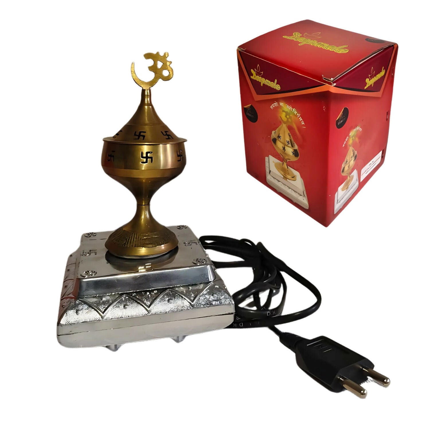 Electric Rotating Kalash with Om Symbol and Plastic Stand for Pooja Room and Home Temple Decoration
