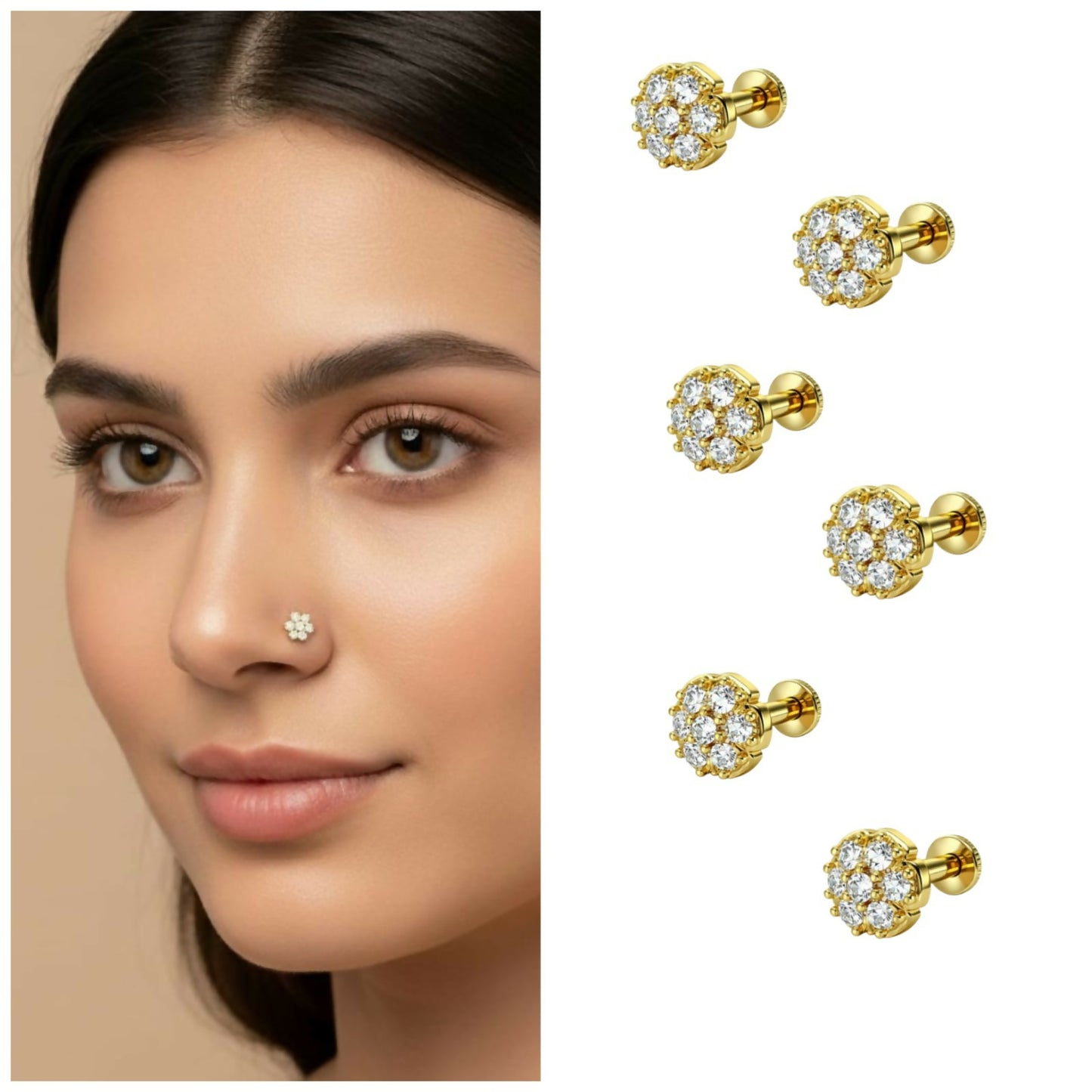 Gold plated floral nosepin stud with sparkling seven-stone design in combo pack of 6