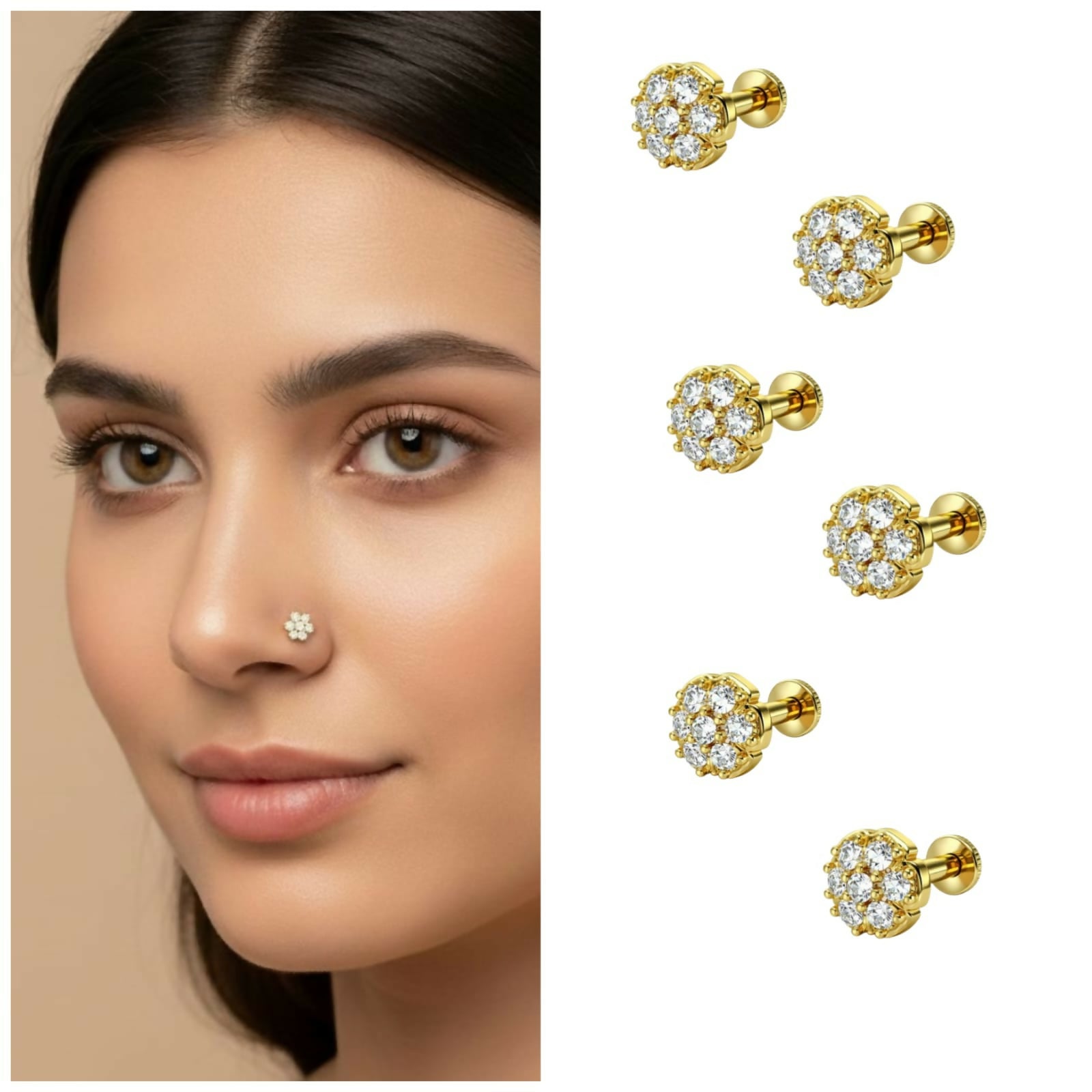 Gold plated floral nosepin stud with sparkling seven-stone design in combo pack of 6