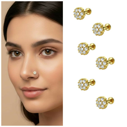 Gold plated floral nosepin stud with sparkling seven-stone design in combo pack of 6