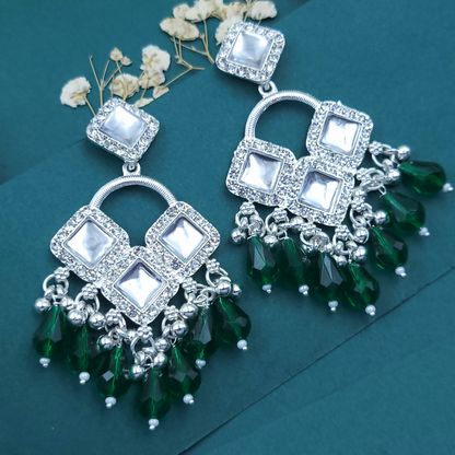 Elegant Silver Plated Chandelier Earrings Featuring Square Crystals and Green Teardrop Beads