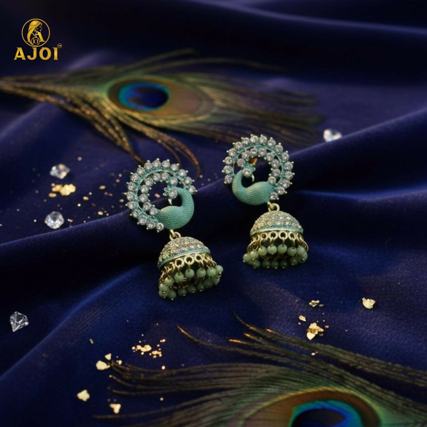 Mint green peacock stone jhumka earrings front view