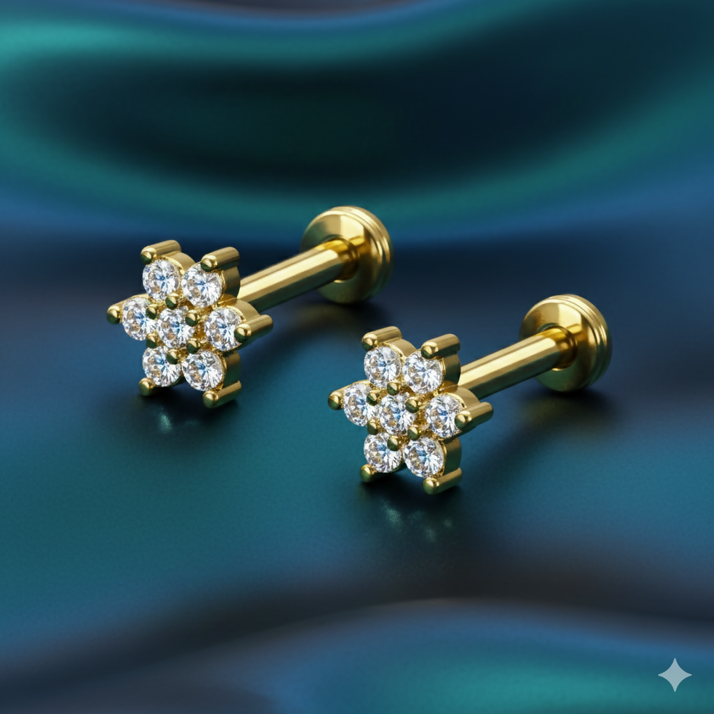 Flat back design of gold plated crystal flower stud earrings for comfortable wear