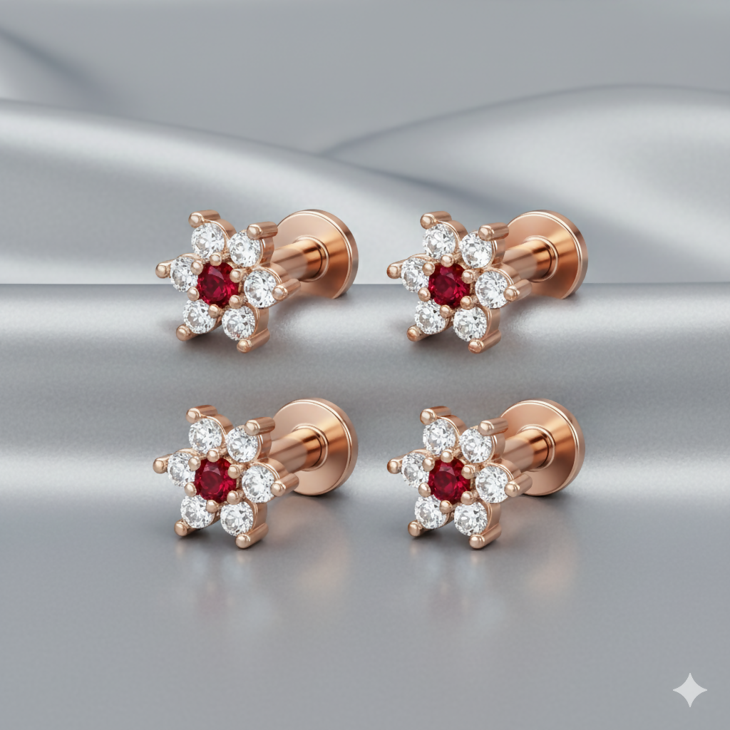 Close-up of Rose Gold Ruby and Diamond Flower flat back stud earrings showcasing synthetic ruby center and cubic zirconia petals
