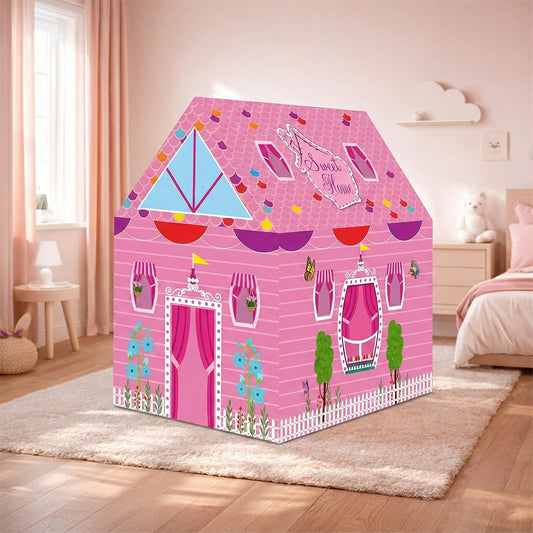 Pink Foldable Kids Play Tent House with Printed Home Design for Indoor & Outdoor Fun