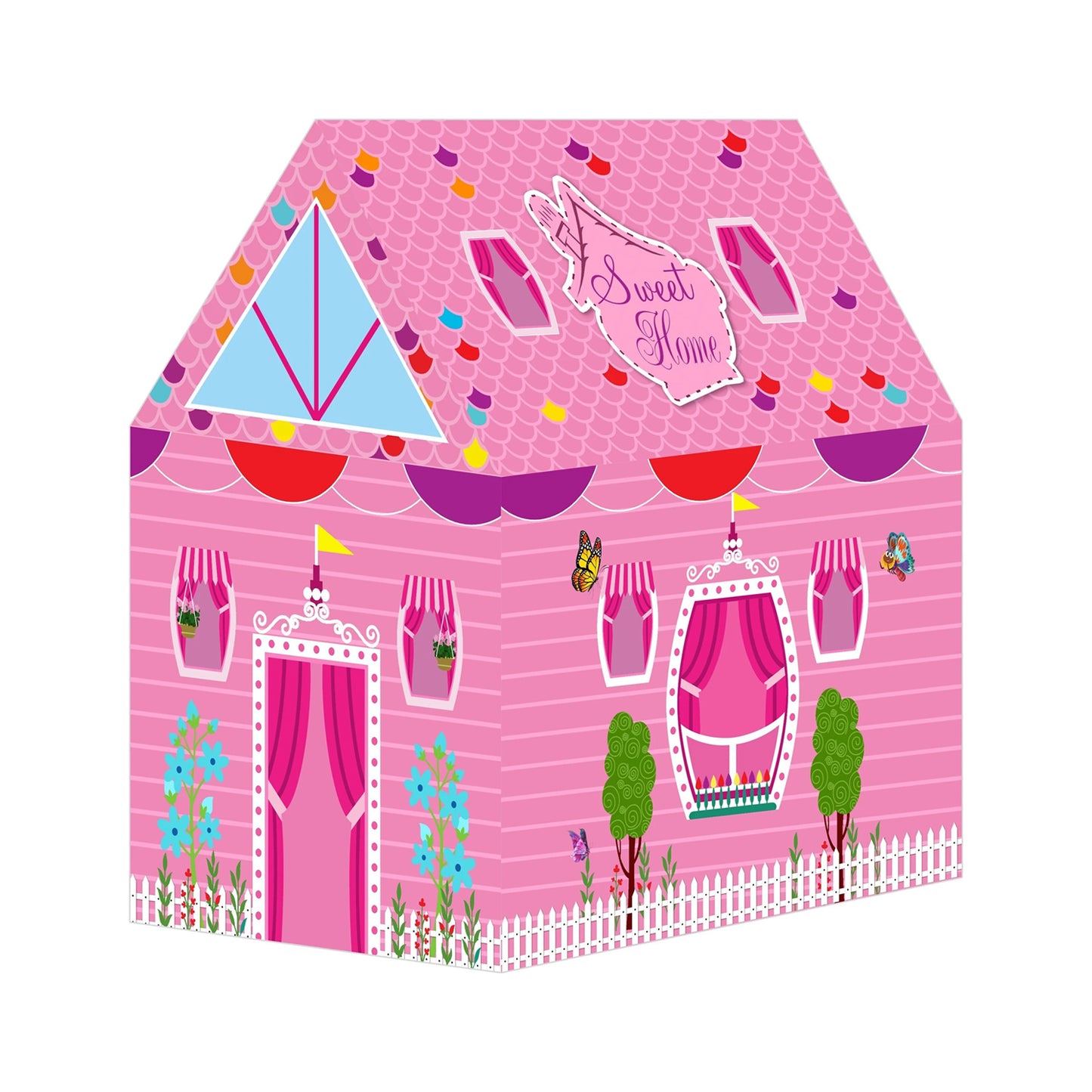 Pink Foldable Kids Play Tent House with Printed Home Design for Indoor & Outdoor Fun