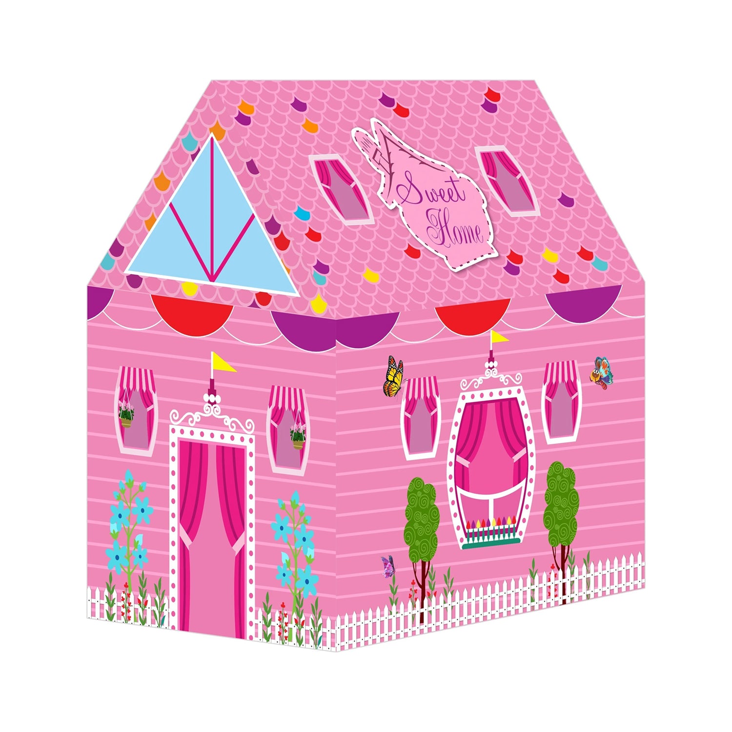 Pink Foldable Kids Play Tent House with Printed Home Design for Indoor & Outdoor Fun