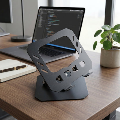 Foldable metal tablet stand angled view