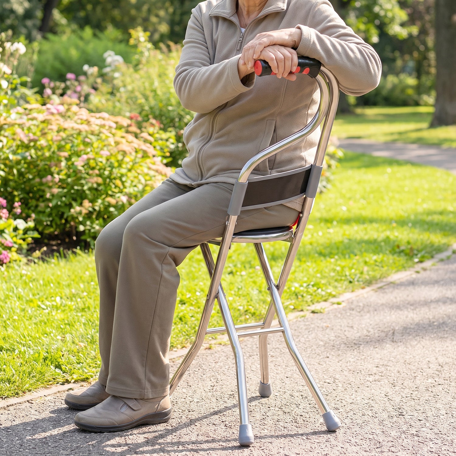 Folding Walking Stick with Seat and Backrest 4 Leg Cane Stool Chair (1 Pc)