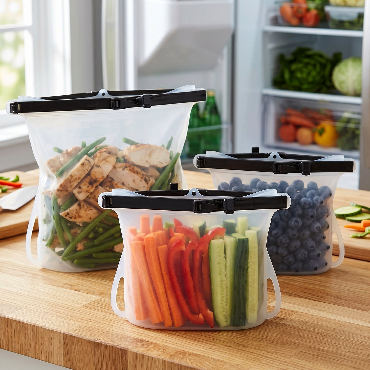 Transparent reusable silicone bags organized in a freezer drawer.