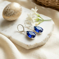 Sapphire Blue Teardrop Crystal Dangle Earrings with Silver Tone Leverback Hooks