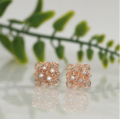 Rose Gold Filigree Square Stud Earrings showing intricate vintage lace design