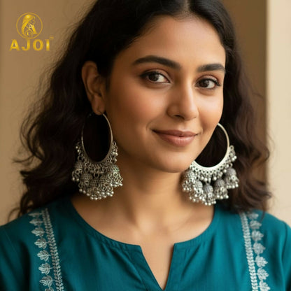 Handcrafted Oxidized Silver Hoop Jhumka Earrings with Intricate Filigree Detailing and Multiple Dangling Bell Drops