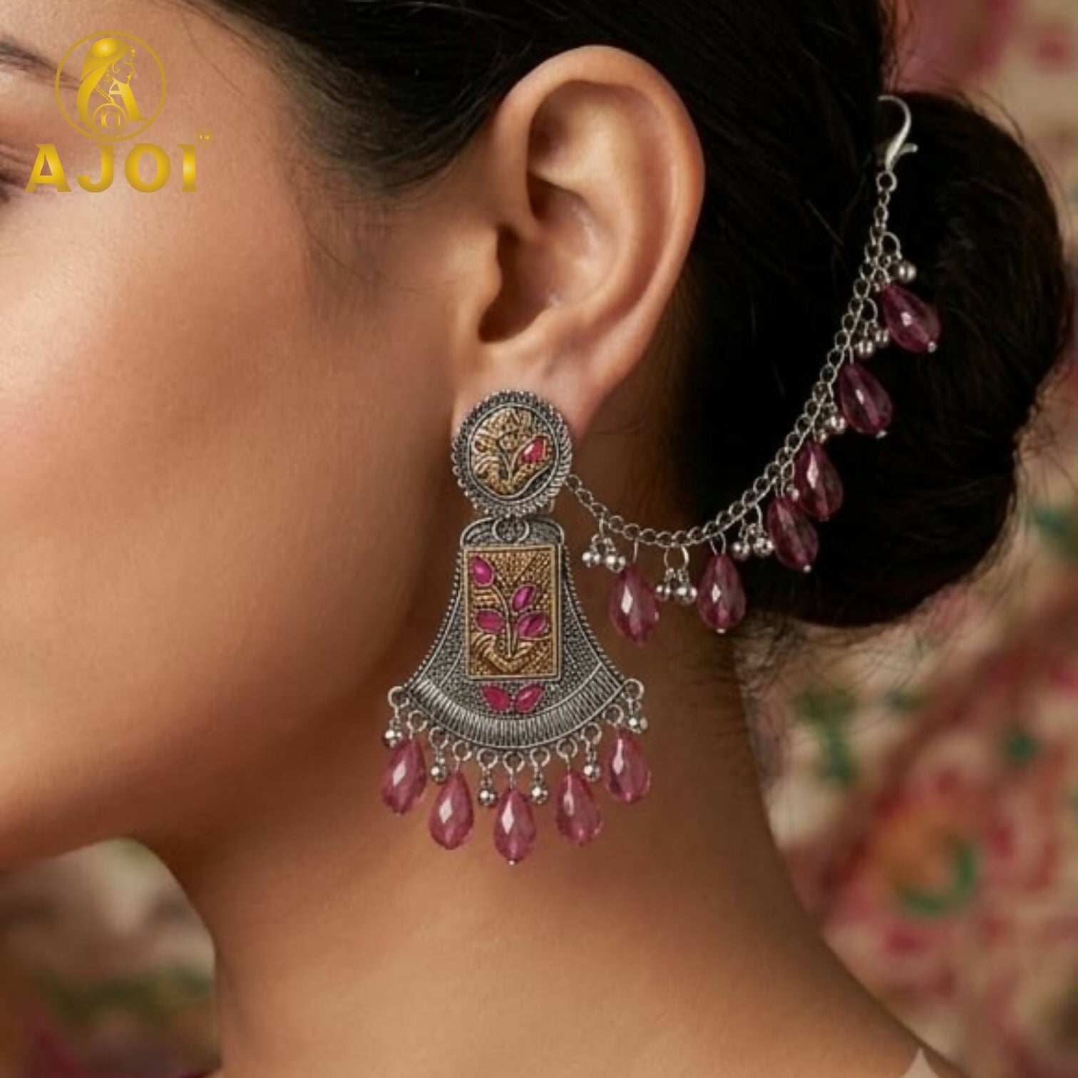 Oxidised Floral Chandbali Earrings – Vibrant Rani Pink Crystal Drops