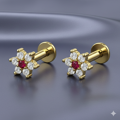 Side view of ruby and diamond flower gold plated stud earring showing flat-back