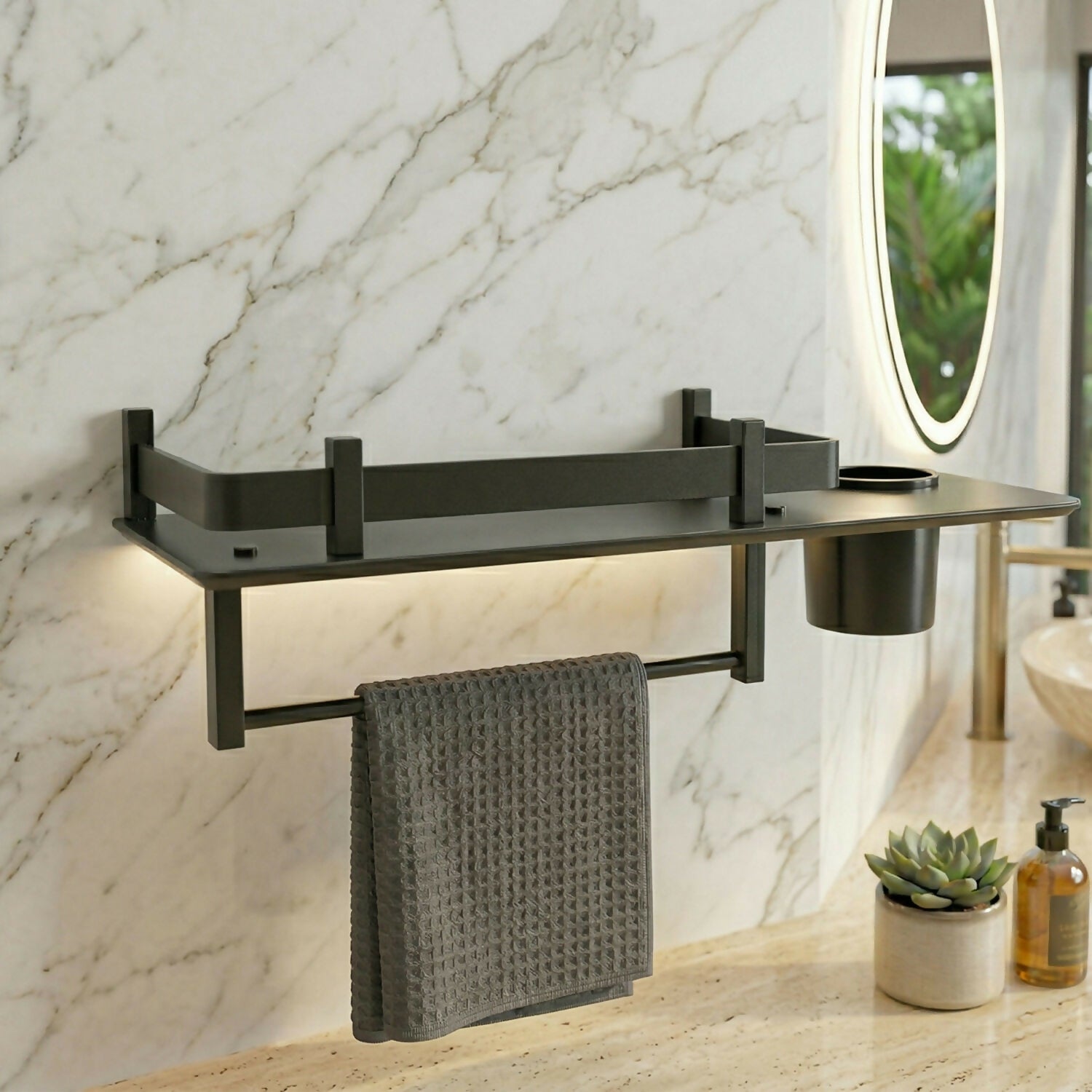 Premium Stainless Steel Wall Mounted Bathroom Shelf with Towel Rod & Toothbrush Holder