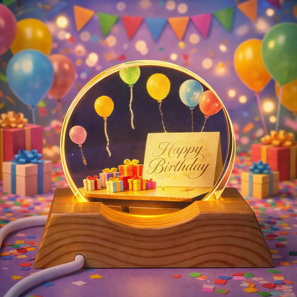 Happy Birthday Acrylic LED Night Lamp with Wooden Base Decorative Gift
