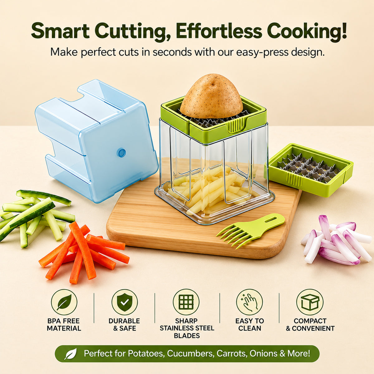 A potato sits on the green blade of a blue chopper, surrounded by cut vegetables and a cleaning fork.