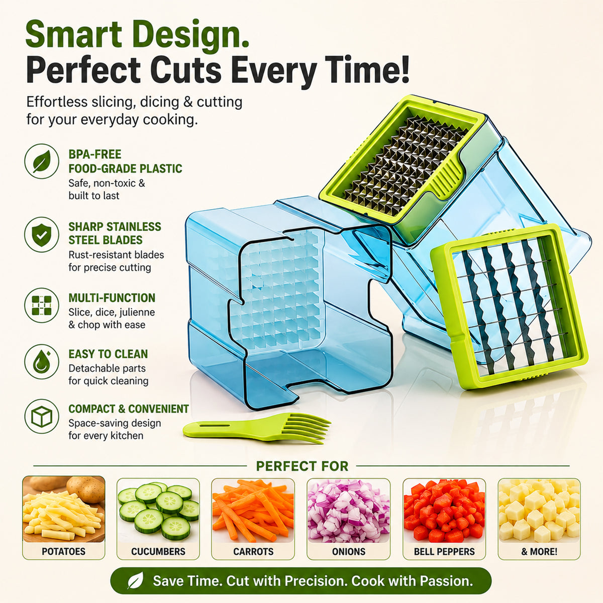 The disassembled blue and green plastic vegetable chopper with two blade inserts and a cleaning fork.
