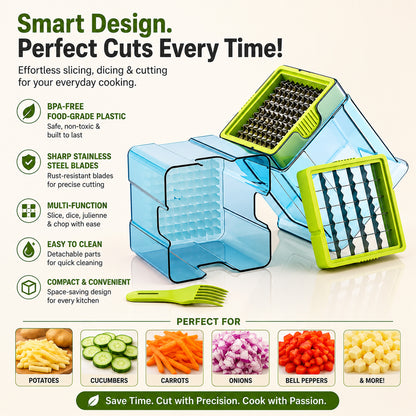 The disassembled blue and green plastic vegetable chopper with two blade inserts and a cleaning fork.