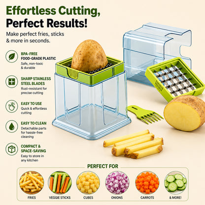 A potato rests on the green blade of a blue chopper, with cut vegetables and a cleaning fork nearby.