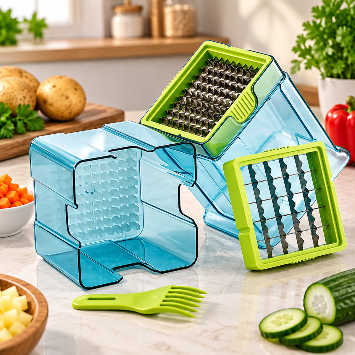 Disassembled blue and green plastic vegetable chopper with two blade inserts and a cleaning fork on a counter.