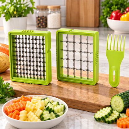 Two green blade inserts, one with small squares and one with larger rectangles, sit beside a green cleaning fork.
