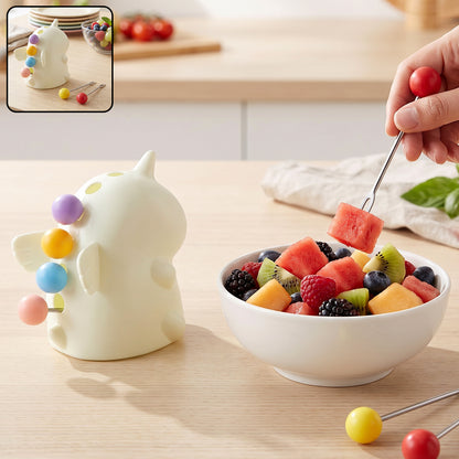 Cartoon Dinosaur Fruit Fork Set with Storage Case Stand for Kids (1 Set)