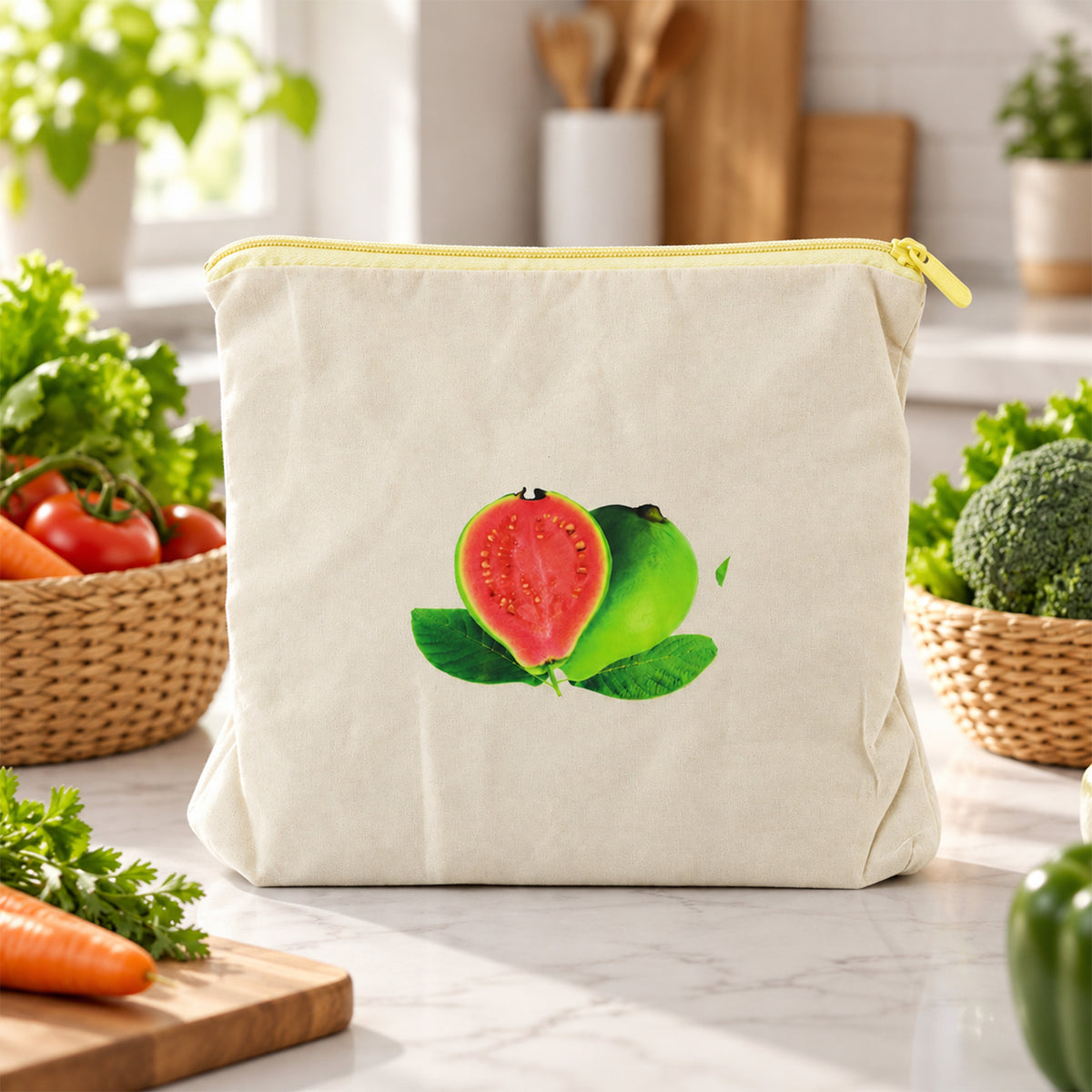 Reusable Cotton Fruit and Vegetable Storage Bag with Zip (1 Pc, 29x28.5 Cm)
