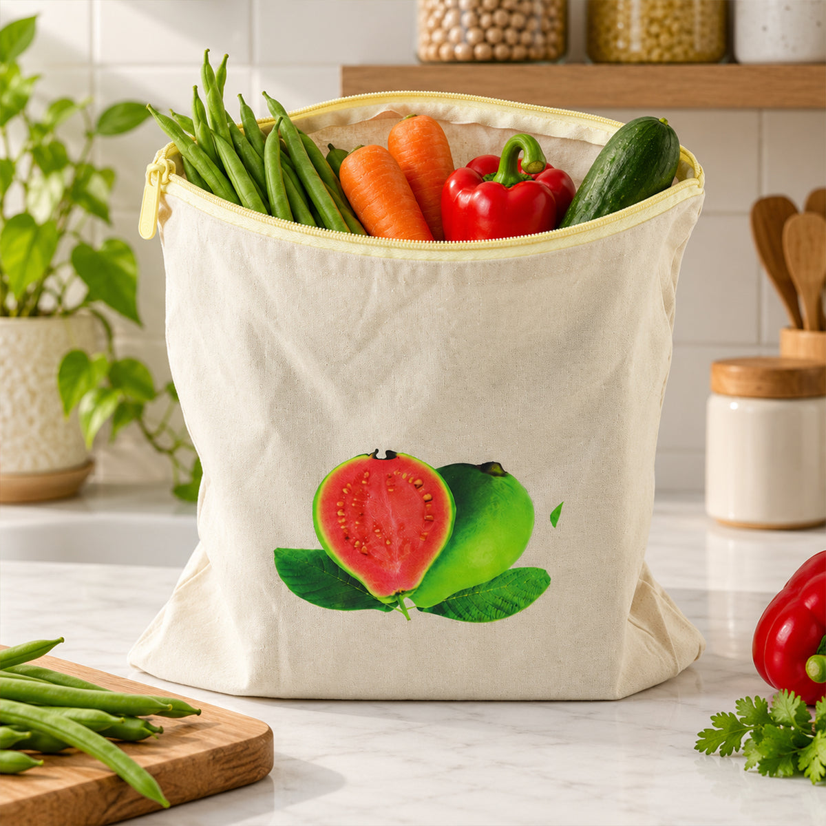 Reusable Cotton Fruit and Vegetable Storage Bag with Zip (1 Pc, 29x28.5 Cm)