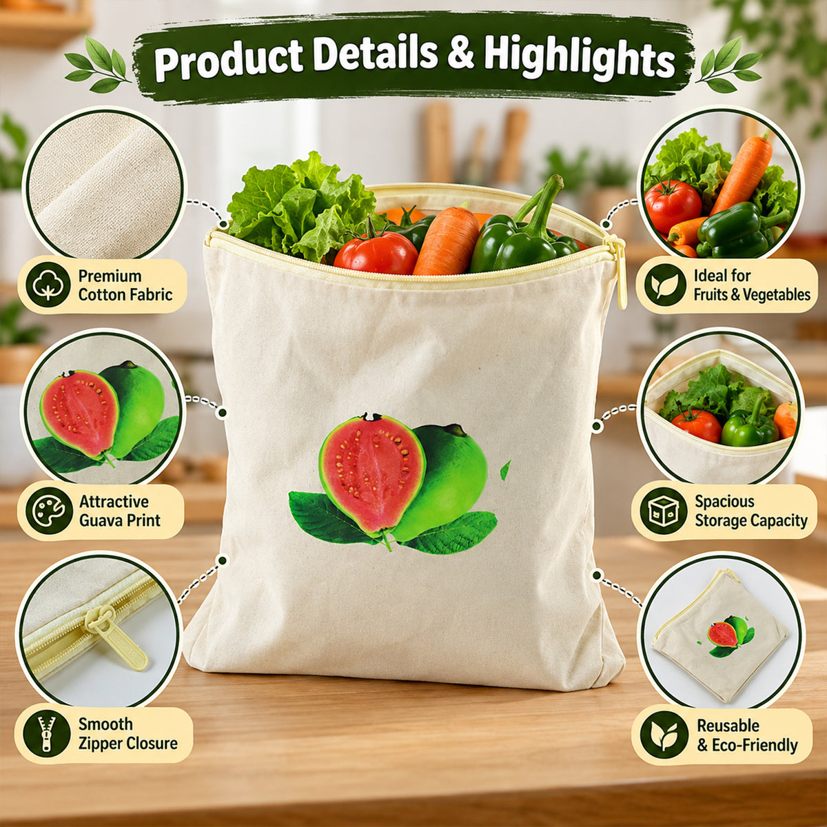Reusable Cotton Fruit and Vegetable Storage Bag with Zip (1 Pc, 29x28.5 Cm)
