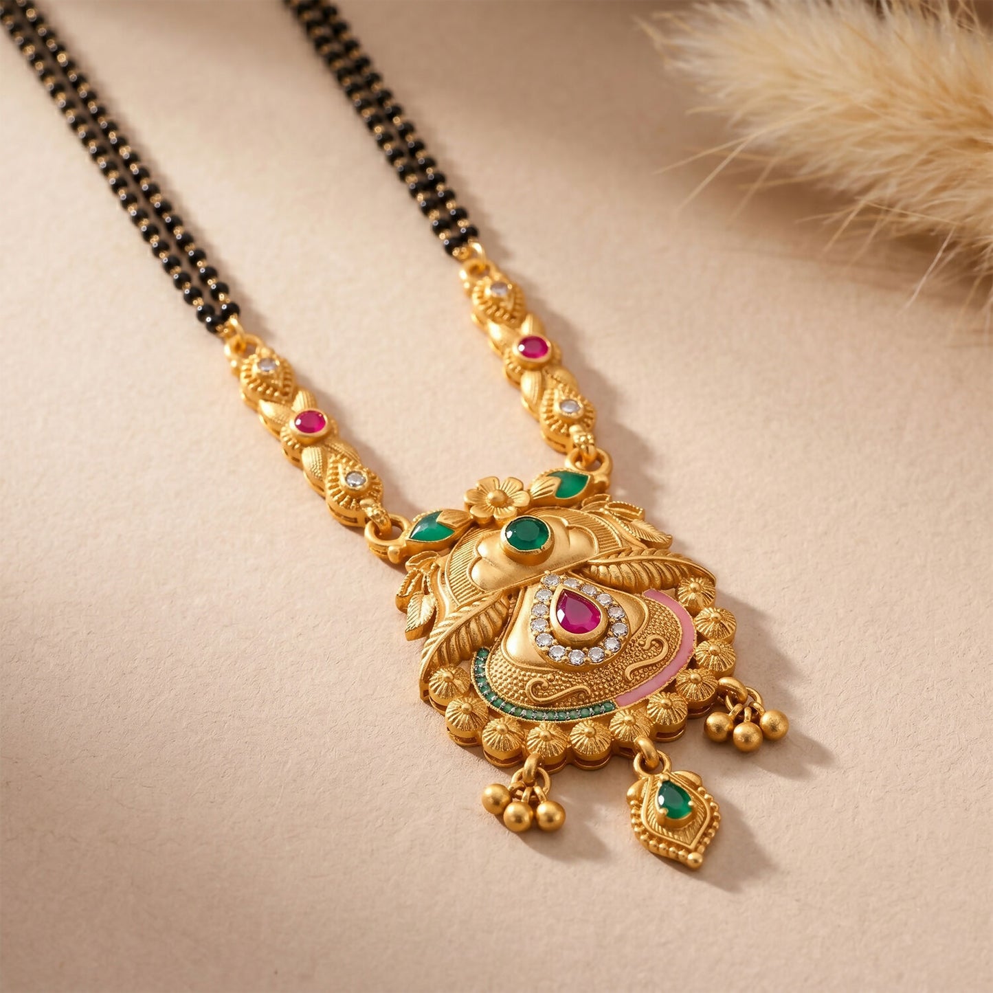 Traditional mangalsutra with black bead chain and decorated Kalash pendant