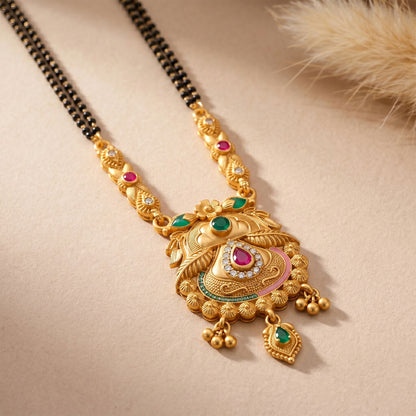 Traditional mangalsutra with black bead chain and decorated Kalash pendant