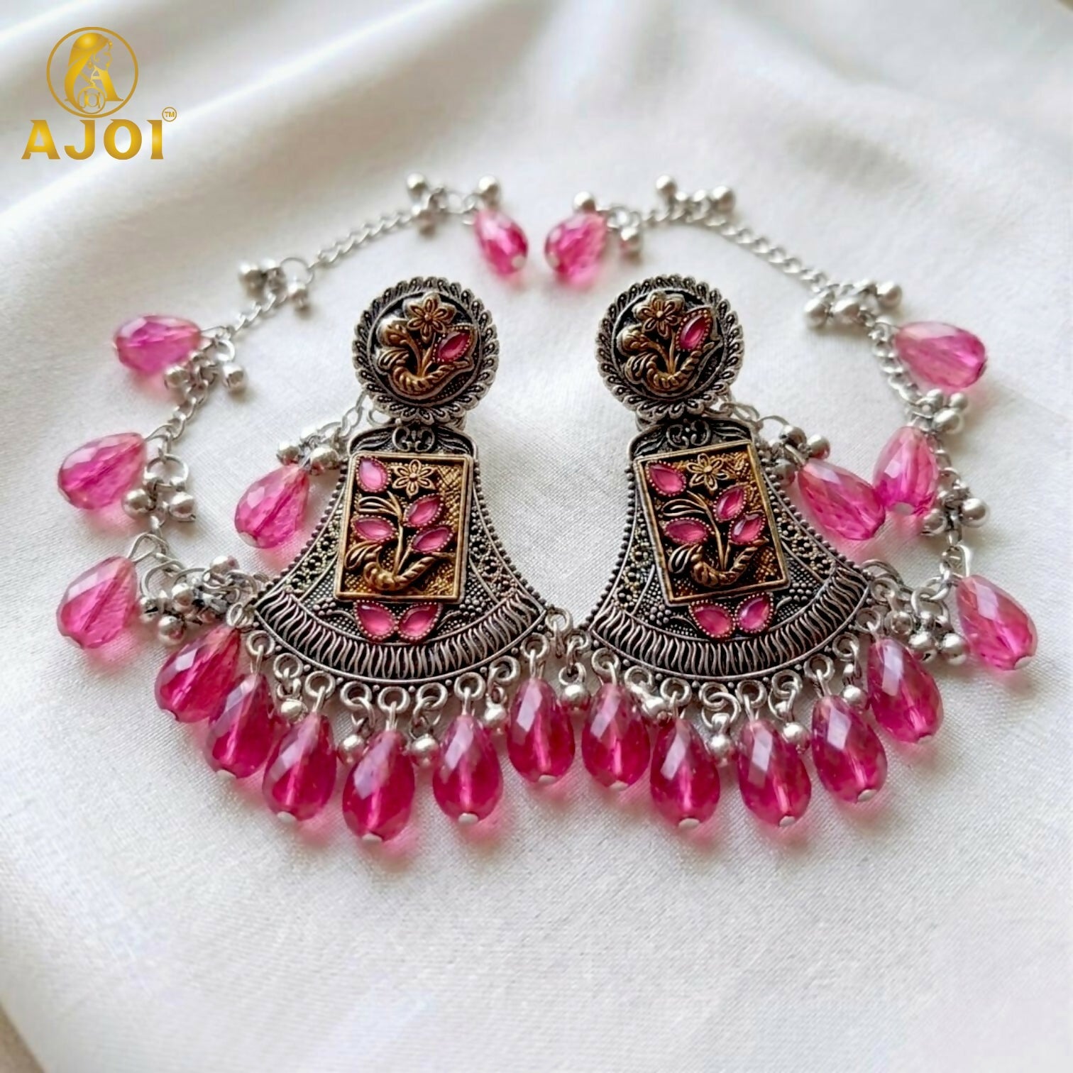 Oxidised Floral Chandbali Earrings – Vibrant Rani Pink Crystal Drops