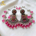 Oxidised Floral Chandbali Earrings – Vibrant Rani Pink Crystal Drops